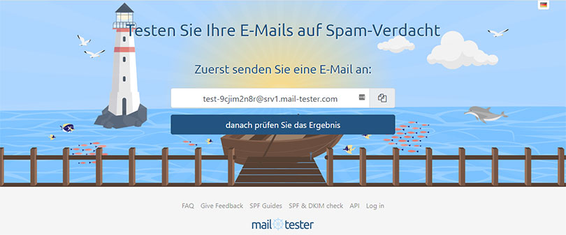 Screenshot der Webseite zur Software mail-tester.com um Newsletter auf Spamverdacht zu pruefen